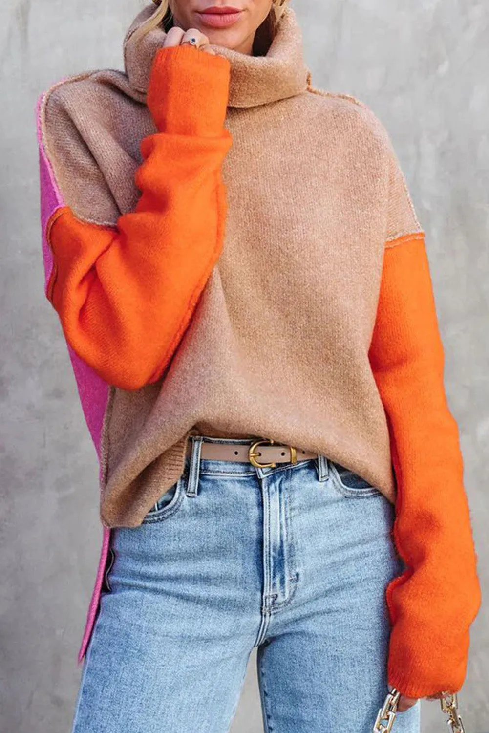Color Block Turtle Neck  Knit Sweater