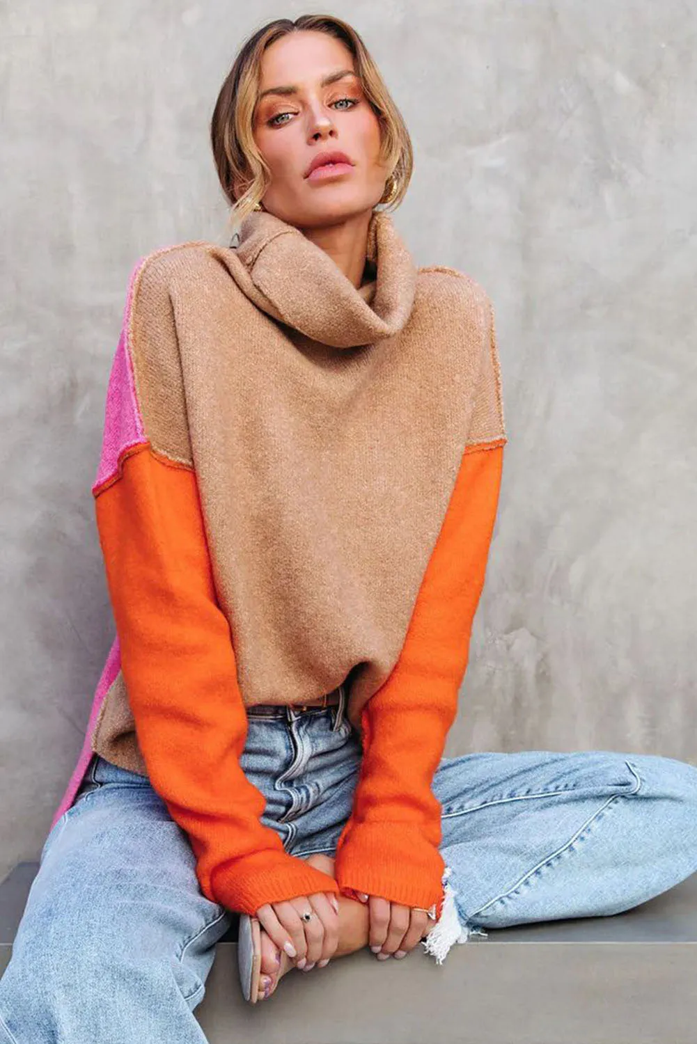 Color Block Turtle Neck  Knit Sweater