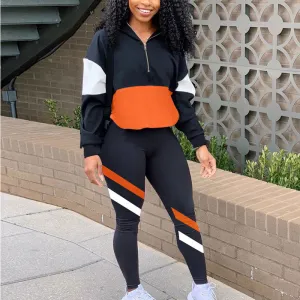 Colorblcok Long Sleeve Hooded Top & Pants Set