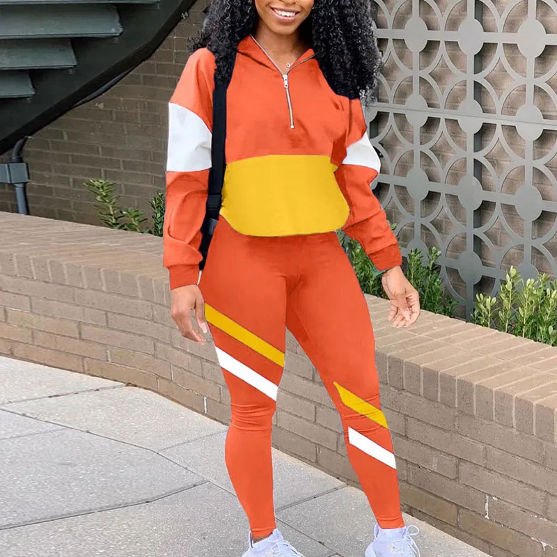 Colorblcok Long Sleeve Hooded Top & Pants Set