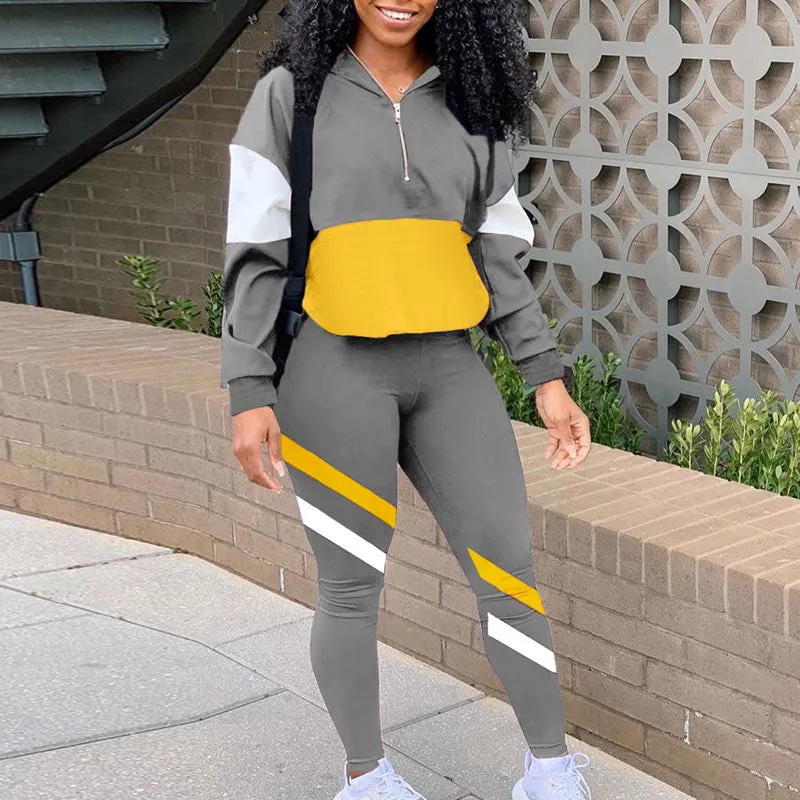 Colorblcok Long Sleeve Hooded Top & Pants Set