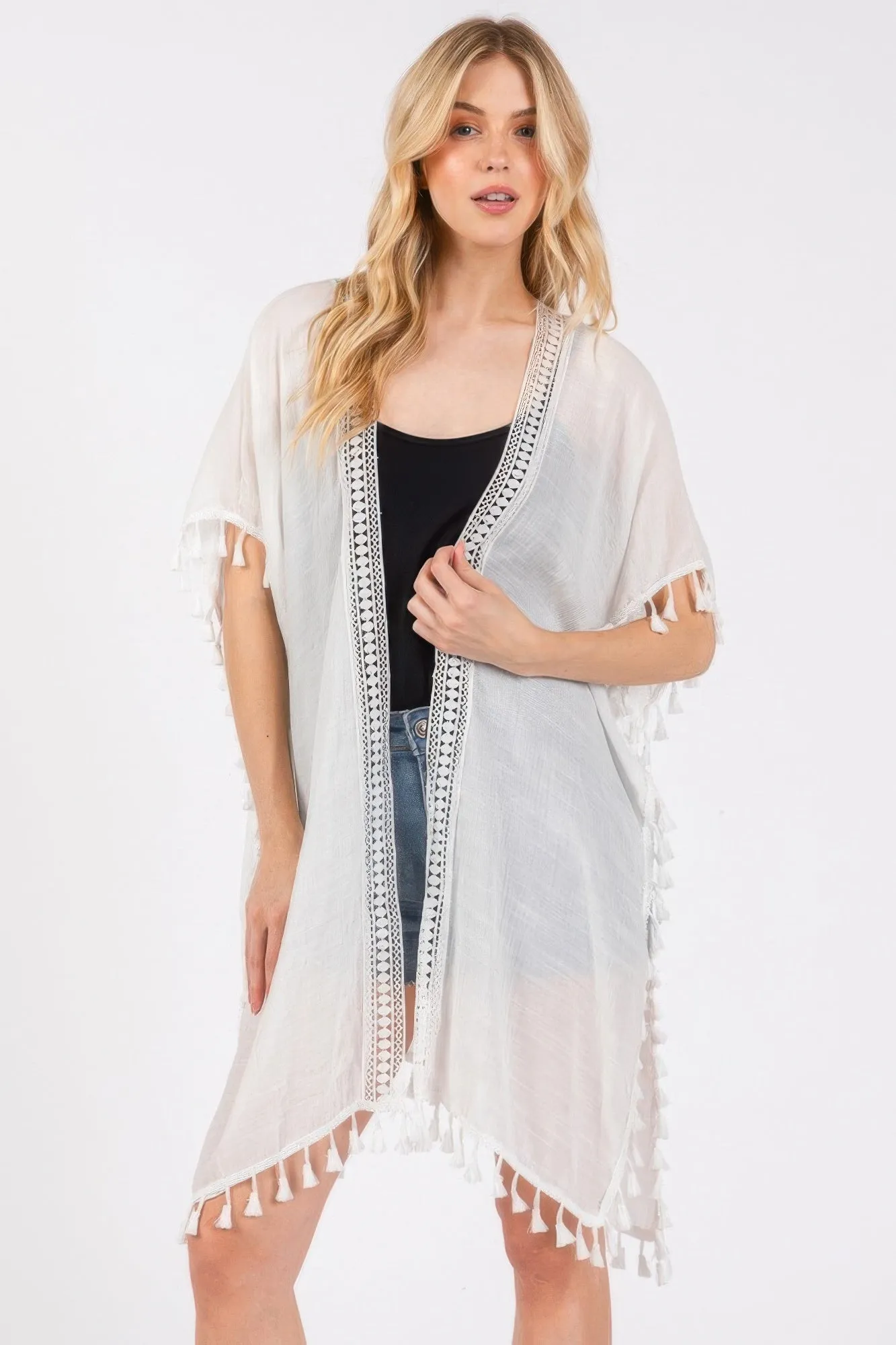 Crochet And Tassel Trim Cover Up