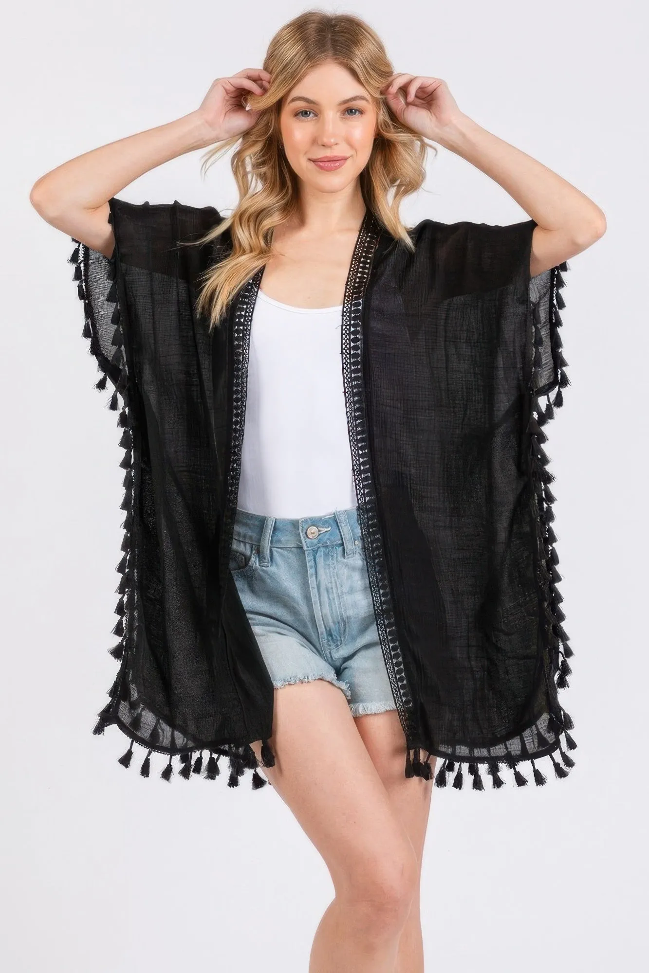 Crochet And Tassel Trim Cover Up