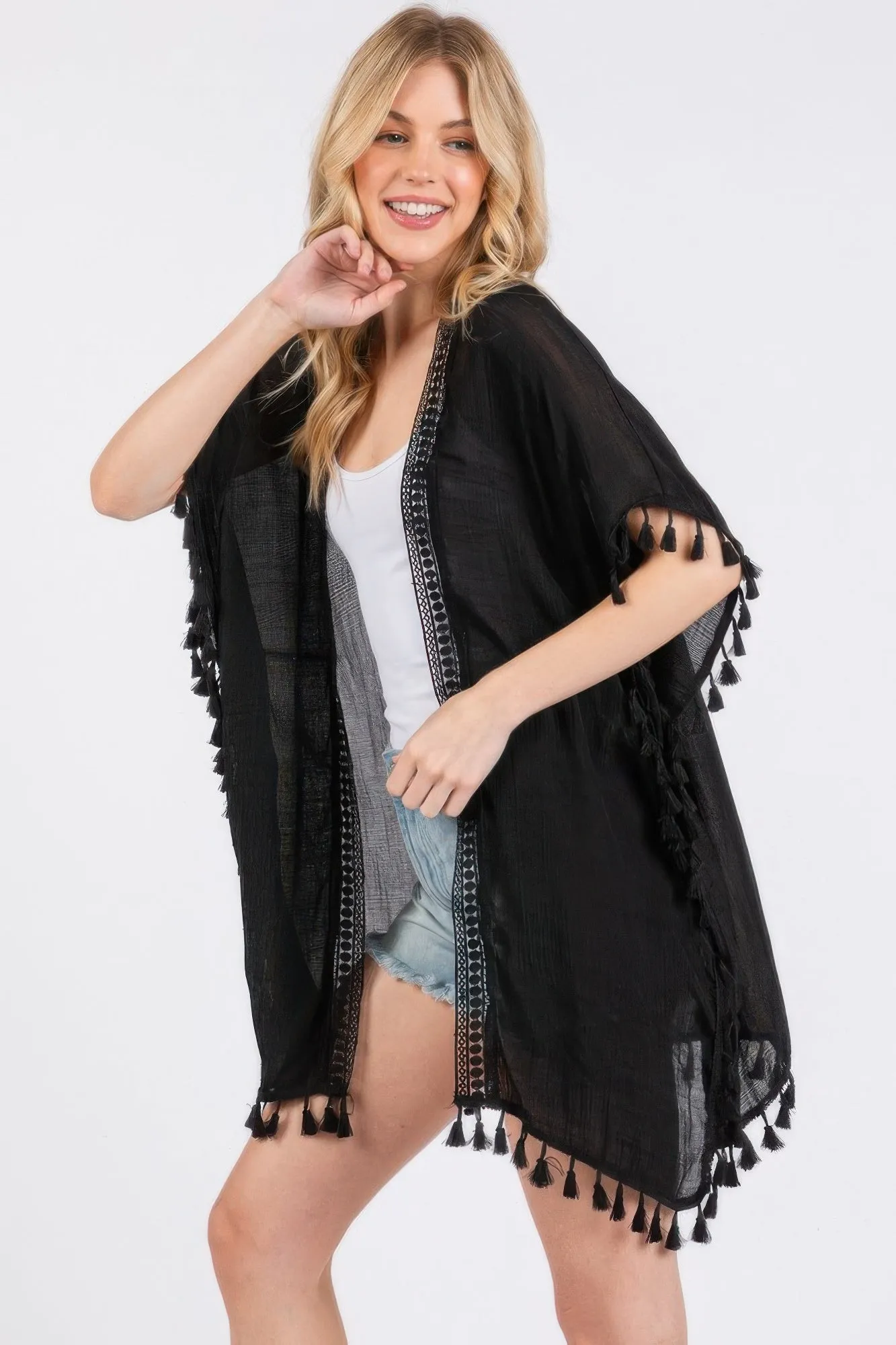 Crochet And Tassel Trim Cover Up