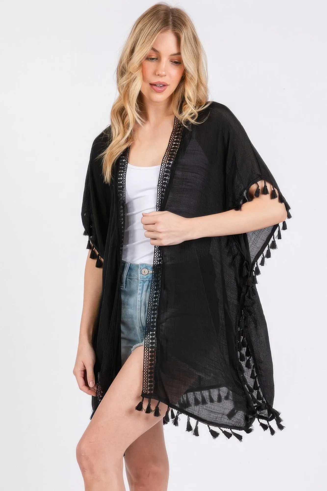 Crochet And Tassel Trim Cover Up