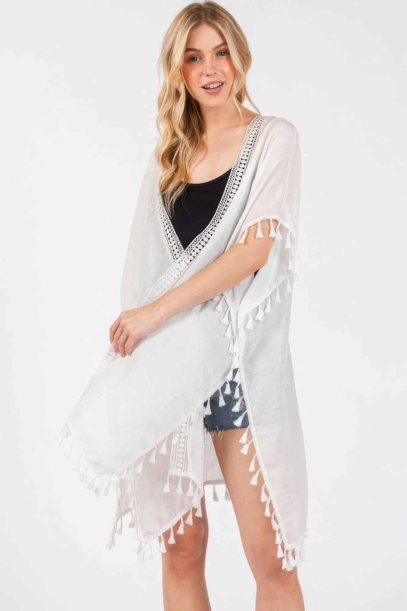 Crochet And Tassel Trim Cover Up