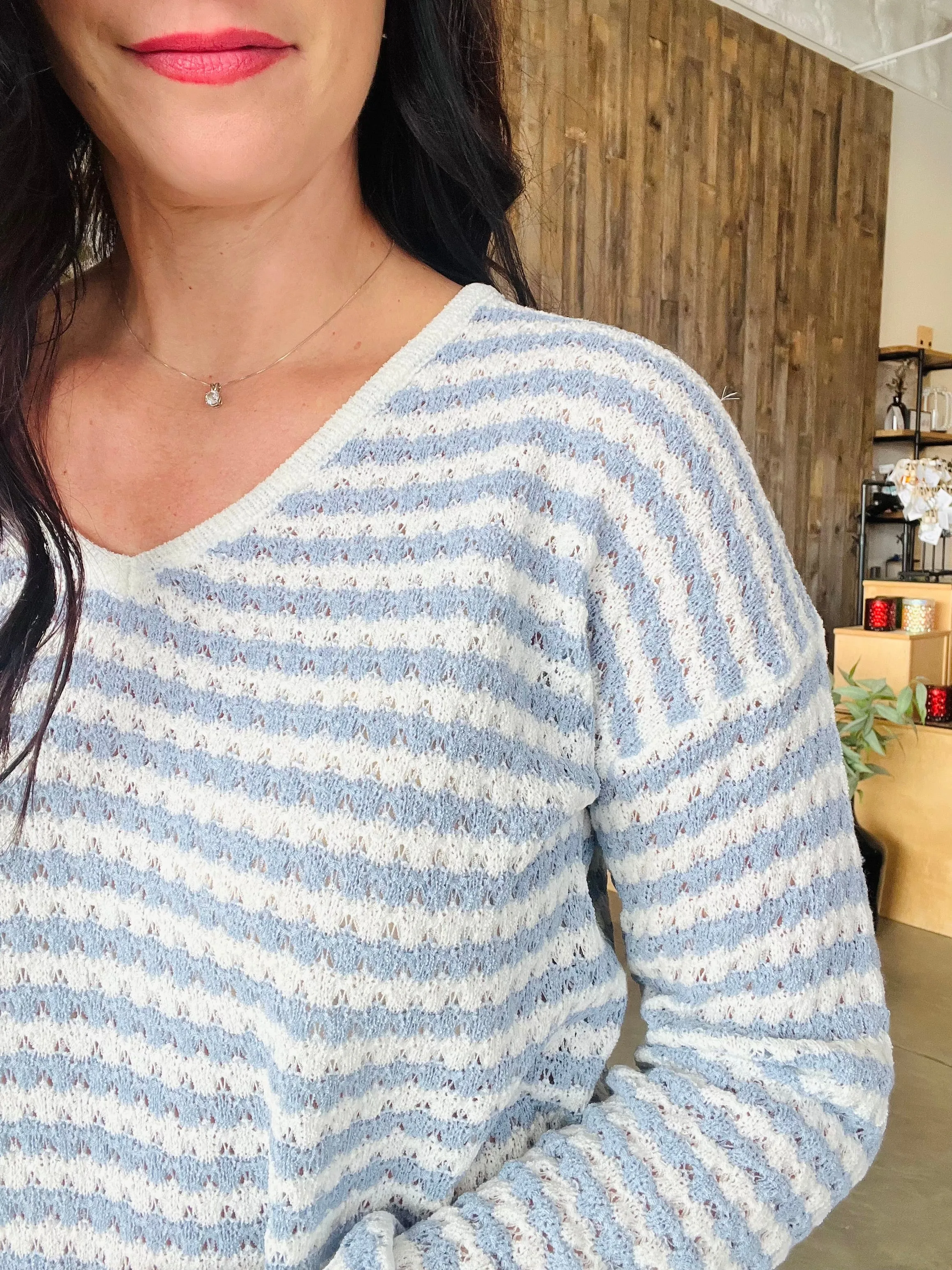 Crochet Striped Knit Sweater