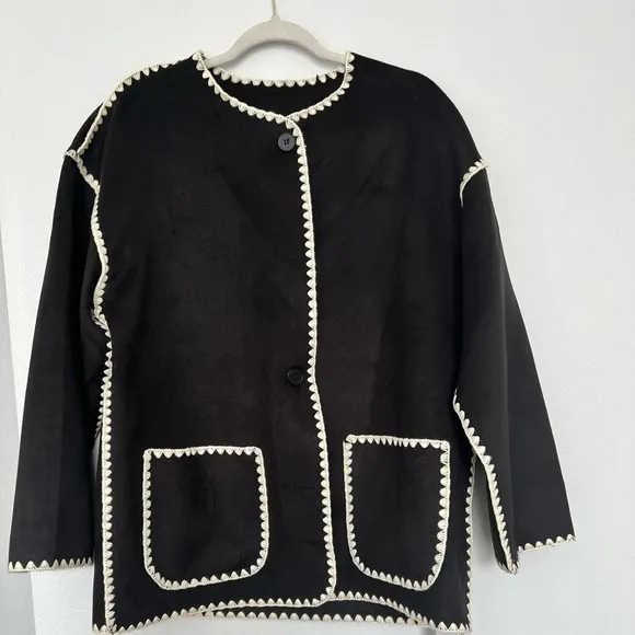 Crochet Trim Jacket Black Button Down Pockets Cozy Warm Coat