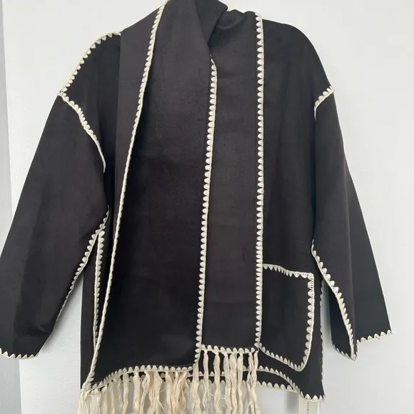Crochet Trim Jacket Black Button Down Pockets Cozy Warm Coat