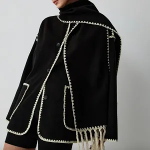 Crochet Trim Jacket Black Button Down Pockets Cozy Warm Coat