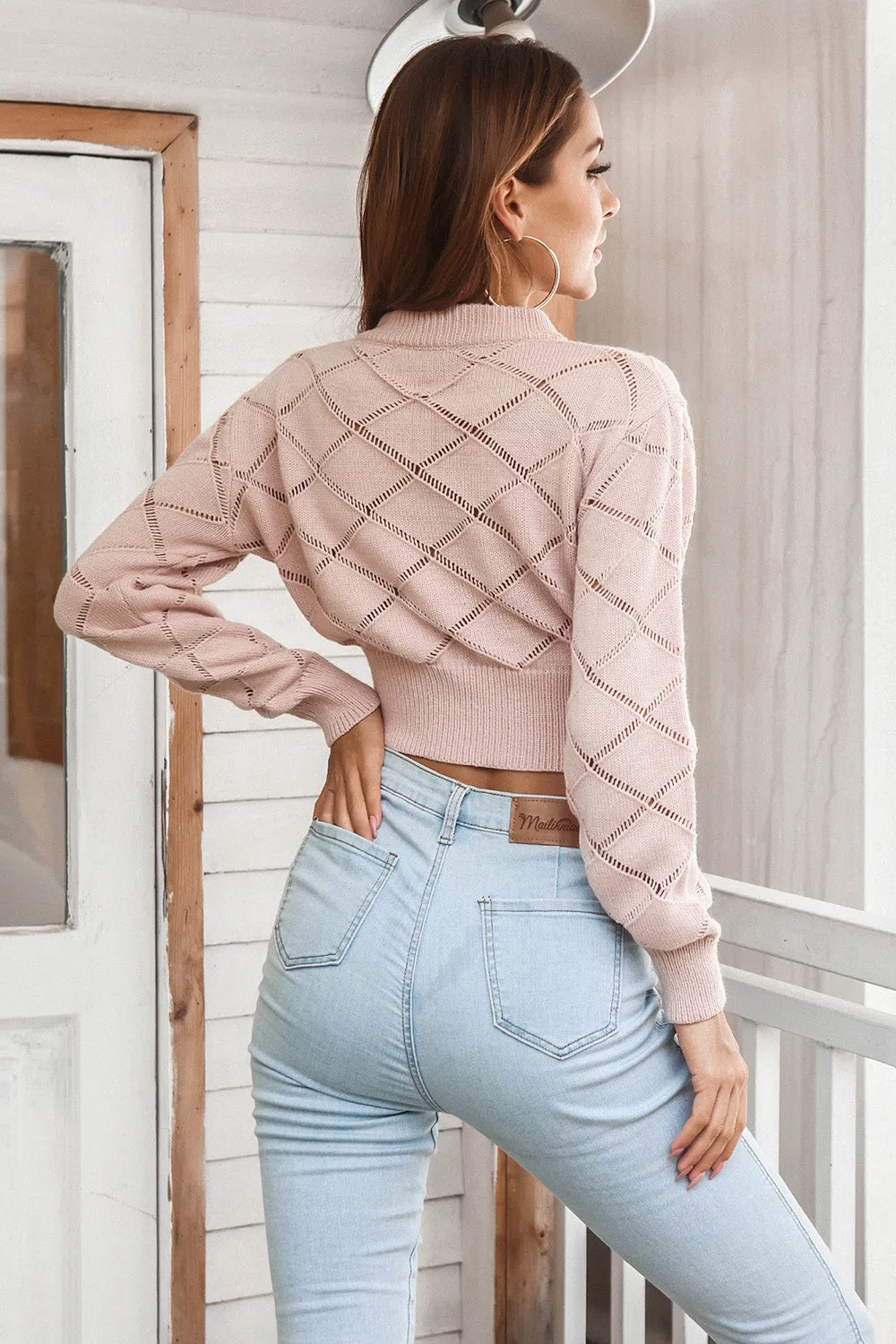 Cropped Sweater Openwork Plaid Round Neck Long Sleeve Fashion Sweater KESLEY