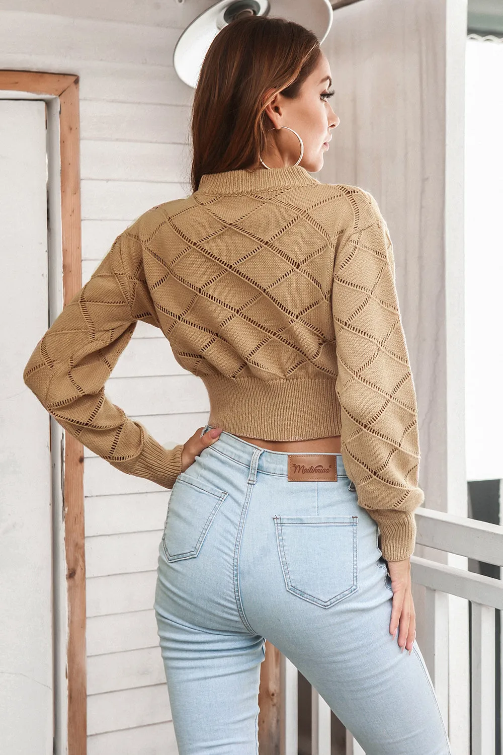 Cropped Sweater Openwork Plaid Round Neck Long Sleeve Fashion Sweater KESLEY
