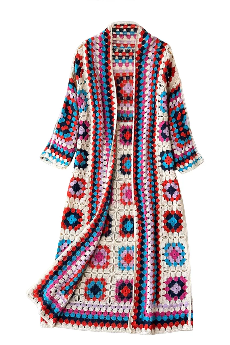 CS3306 Boho Crochet Long Cardigan Outerwear