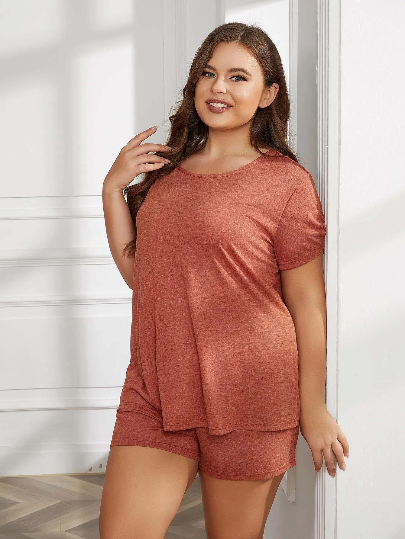 Curves Round Neck Short Sleeve Two-Piece Loungewear Set