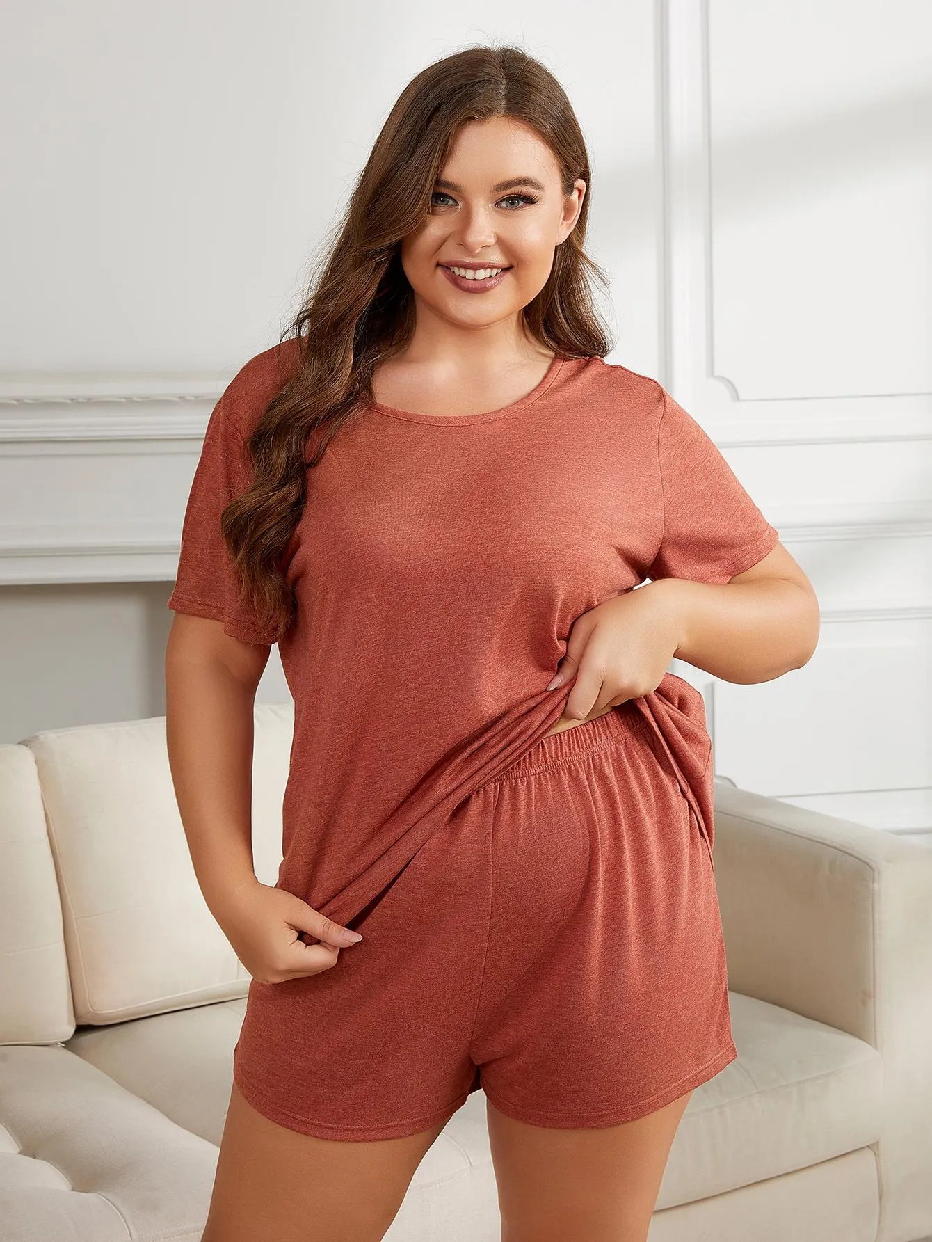 Curves Round Neck Short Sleeve Two-Piece Loungewear Set