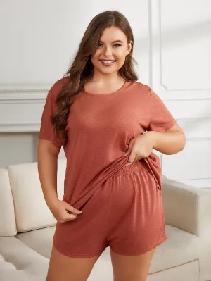 Curves Round Neck Short Sleeve Two-Piece Loungewear Set