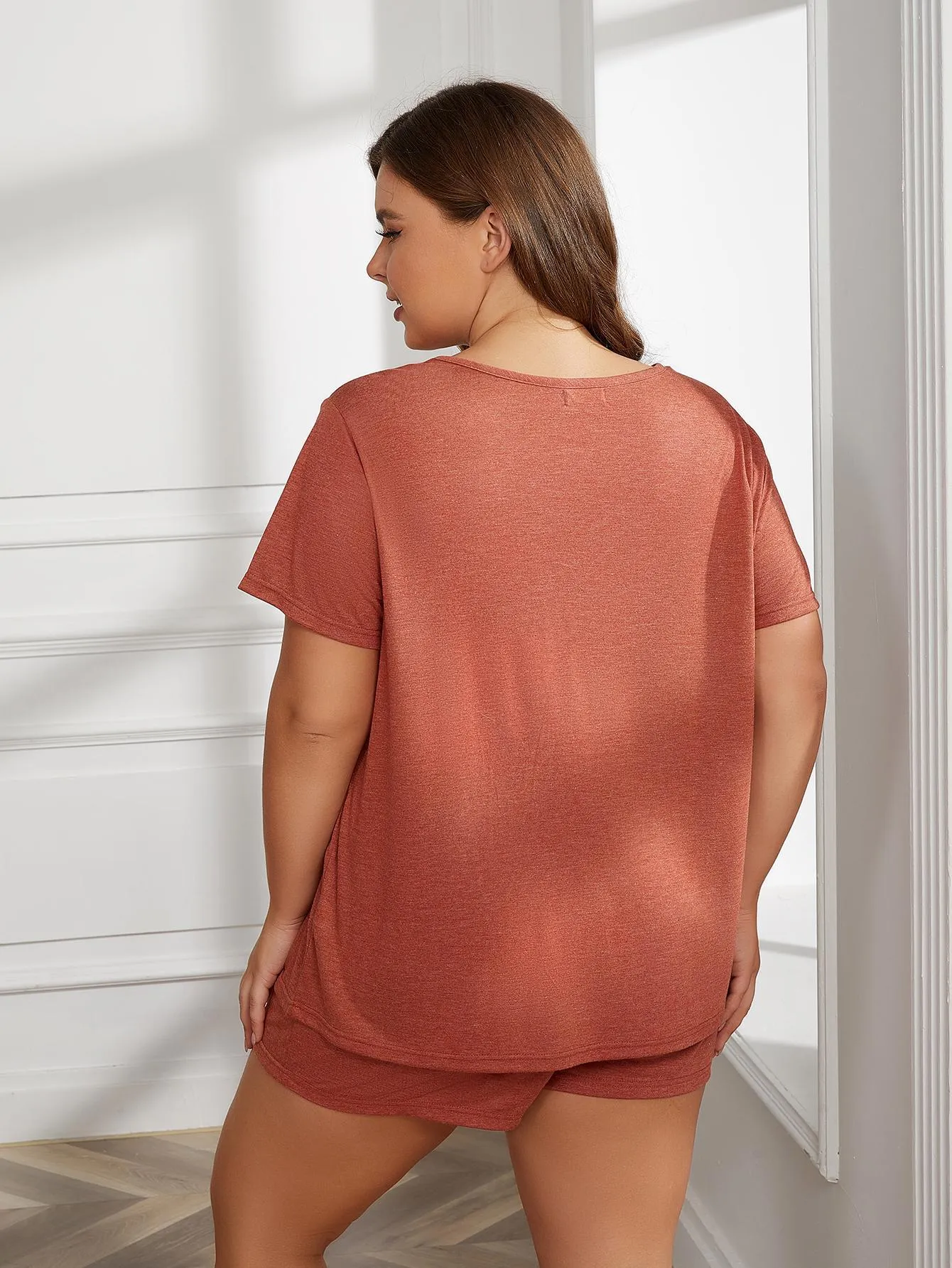 Curves Round Neck Short Sleeve Two-Piece Loungewear Set