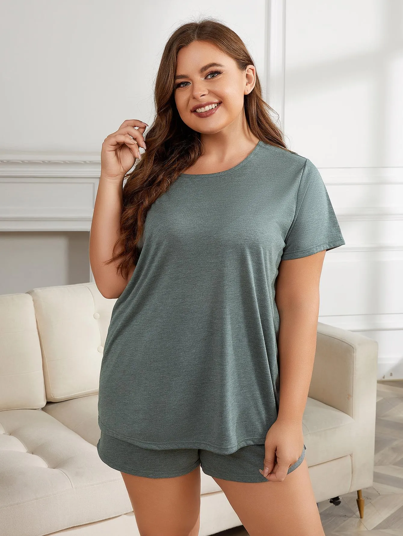 Curves Round Neck Short Sleeve Two-Piece Loungewear Set