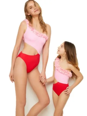 Cutout One Shoulder Contrast Parent-Child Swimwear
