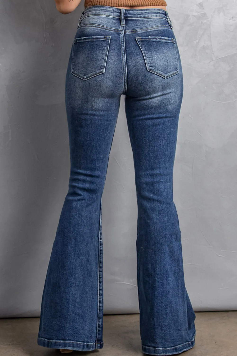 Dark Blue Plus Size Stitching Washed Flare Jeans