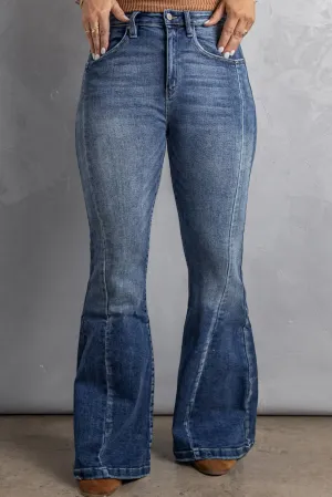 Dark Blue Plus Size Stitching Washed Flare Jeans