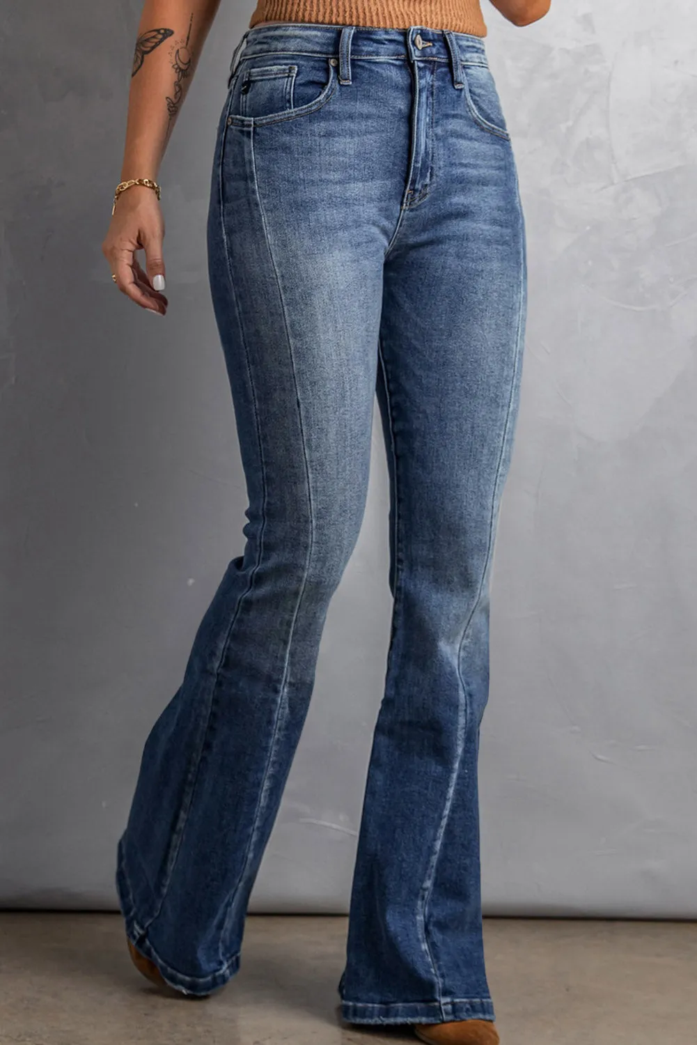 Dark Blue Plus Size Stitching Washed Flare Jeans