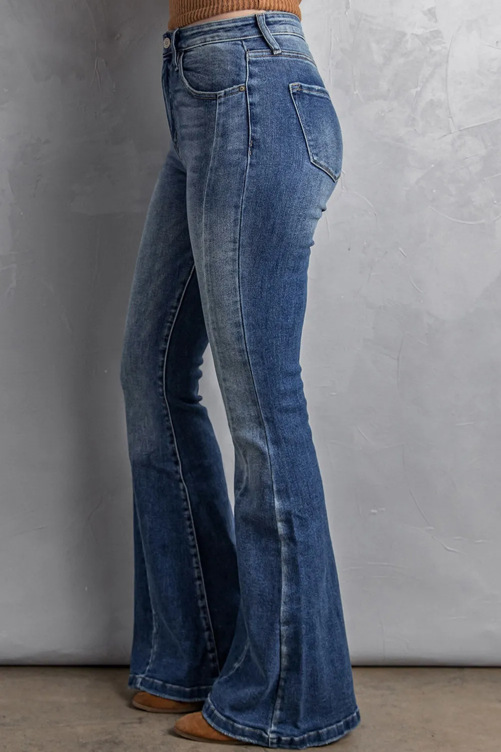 Dark Blue Plus Size Stitching Washed Flare Jeans