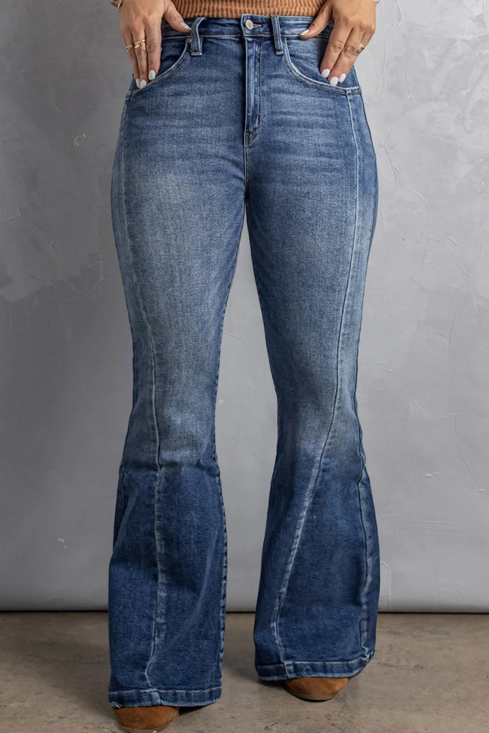 Dark Blue Plus Size Stitching Washed Flare Jeans