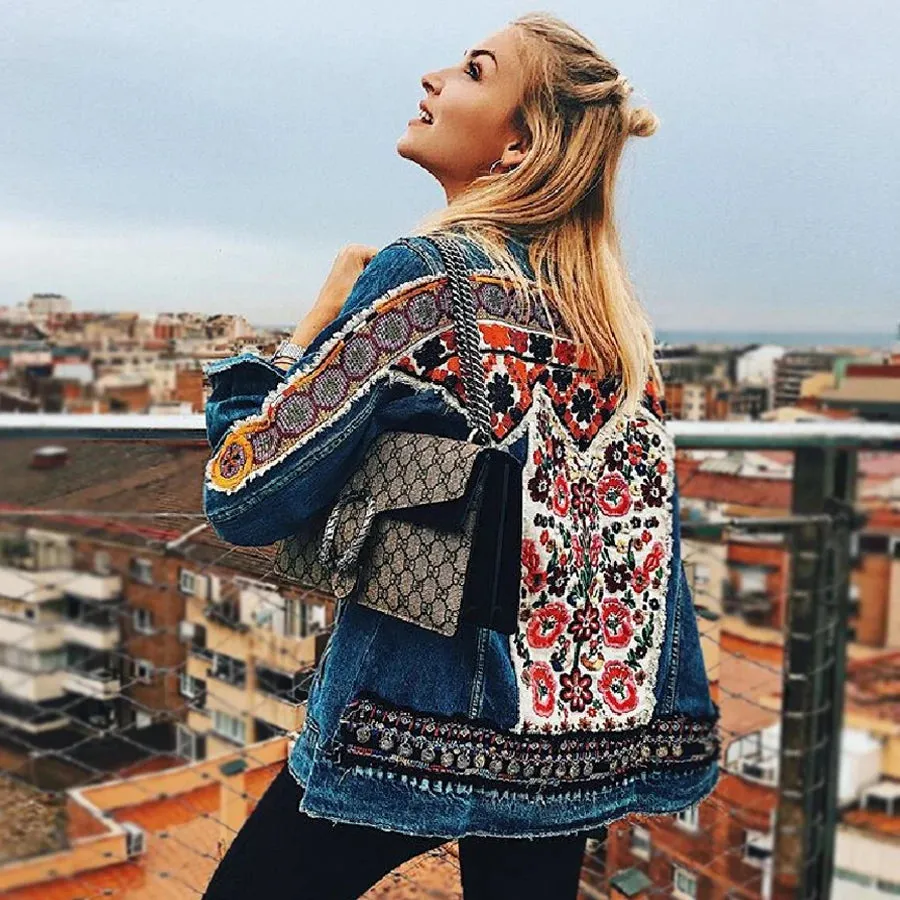 Denim jacket for women vintage floral appliques