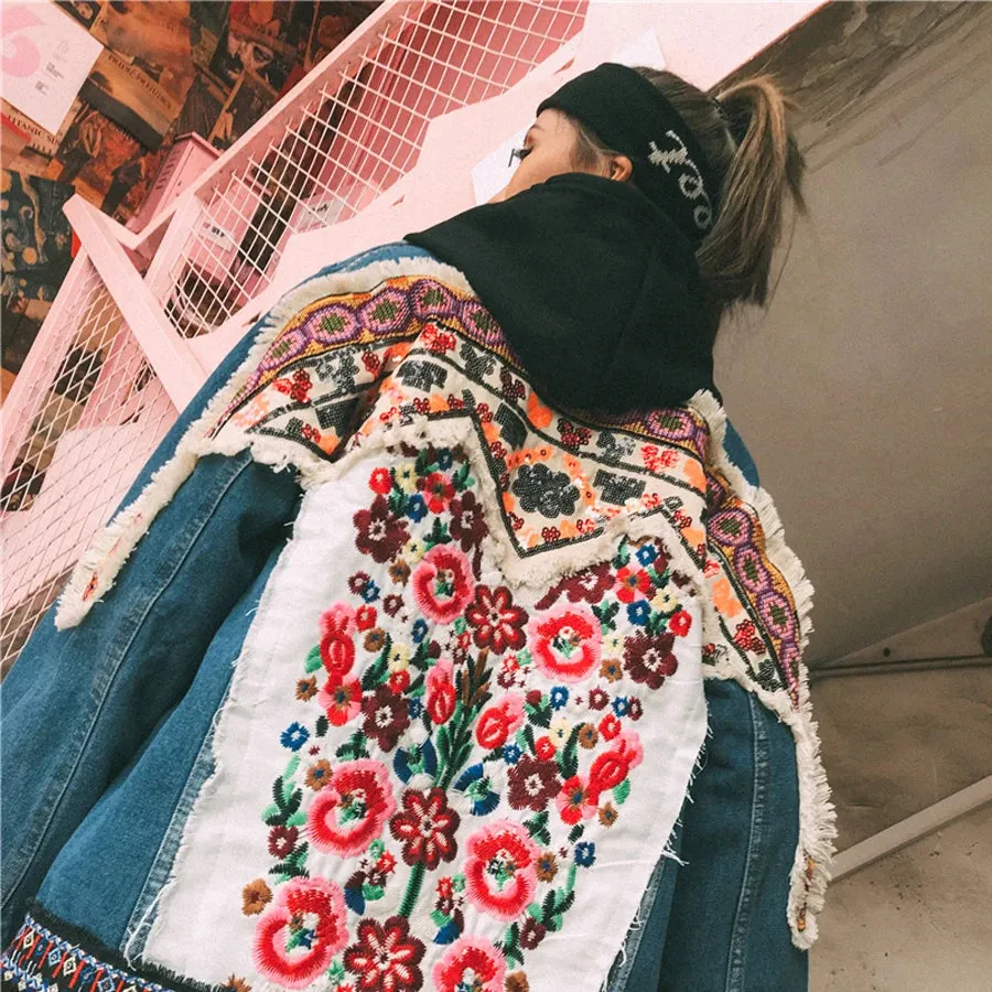Denim jacket for women vintage floral appliques