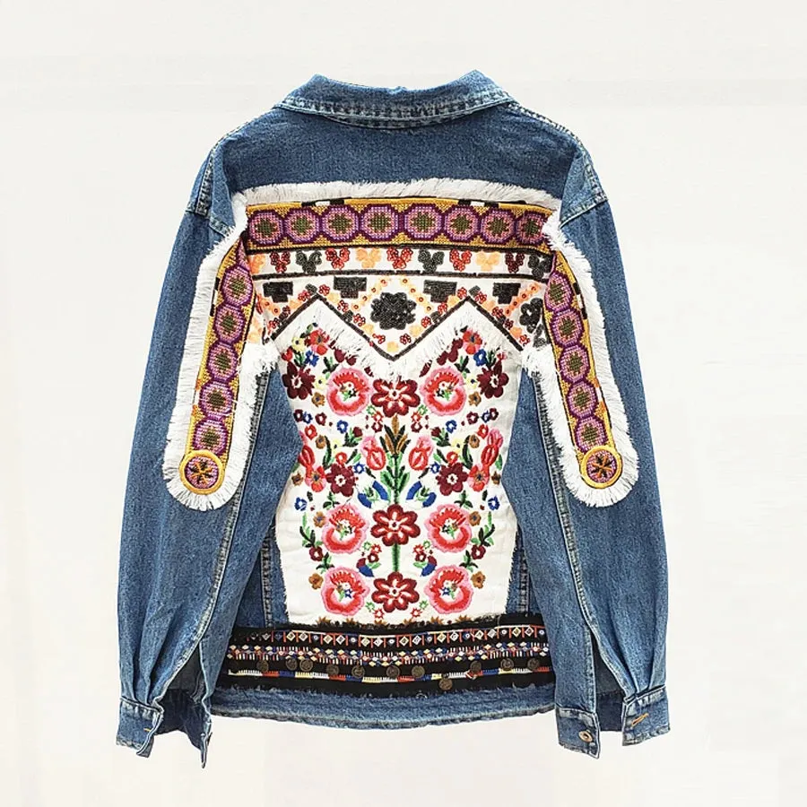 Denim jacket for women vintage floral appliques