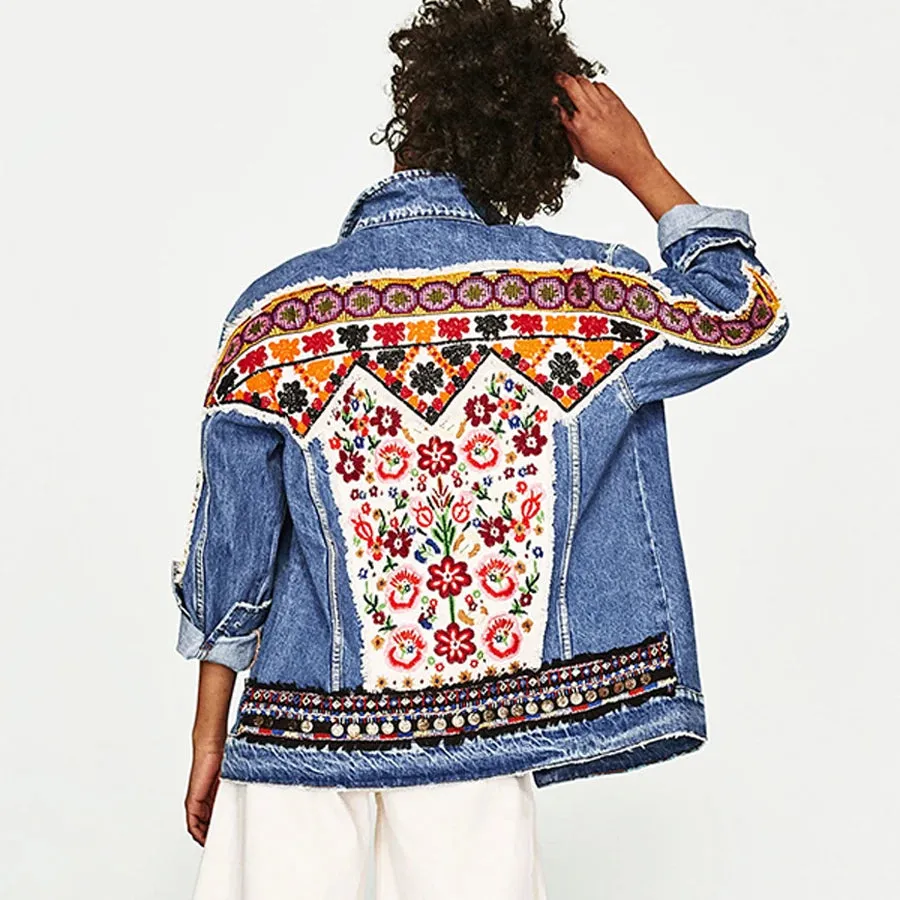 Denim jacket for women vintage floral appliques