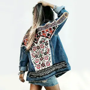 Denim jacket for women vintage floral appliques