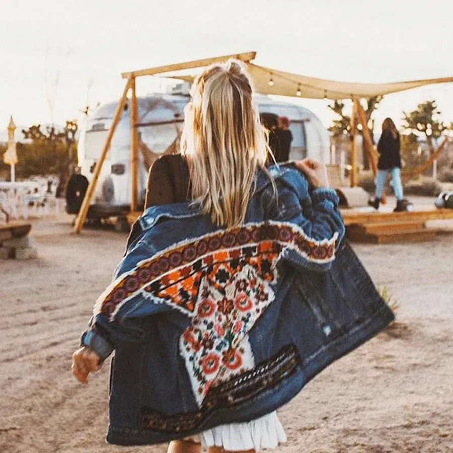 Denim jacket for women vintage floral appliques