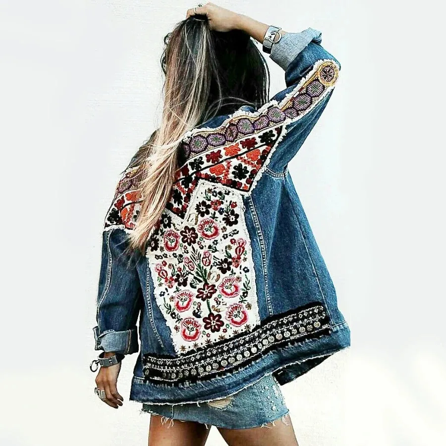 Denim jacket for women vintage floral appliques