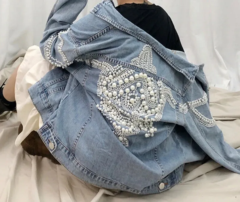 Denim jean vintage jacket vintage whit  pearl studs