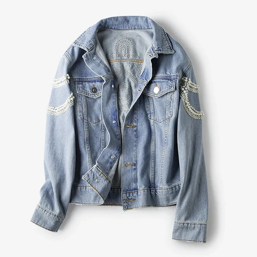 Denim jean vintage jacket vintage whit  pearl studs