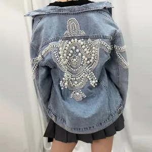 Denim jean vintage jacket vintage whit  pearl studs