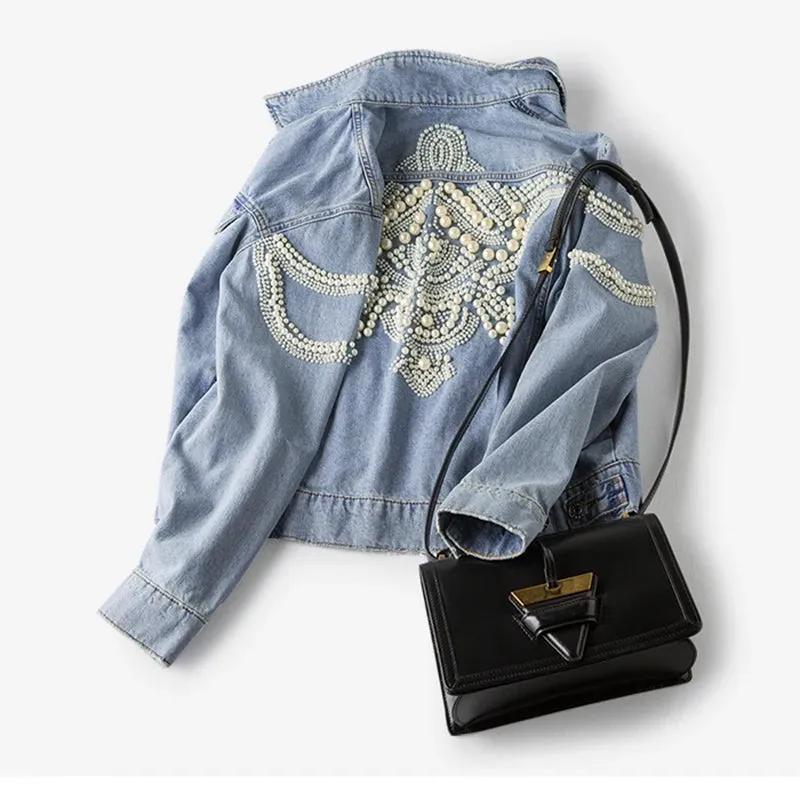 Denim jean vintage jacket vintage whit  pearl studs