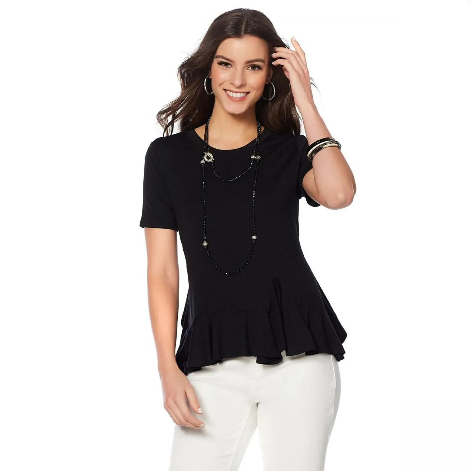 DG2 by Diane Gilman Women's Asymmetric Ruffle Hem Top Black Small