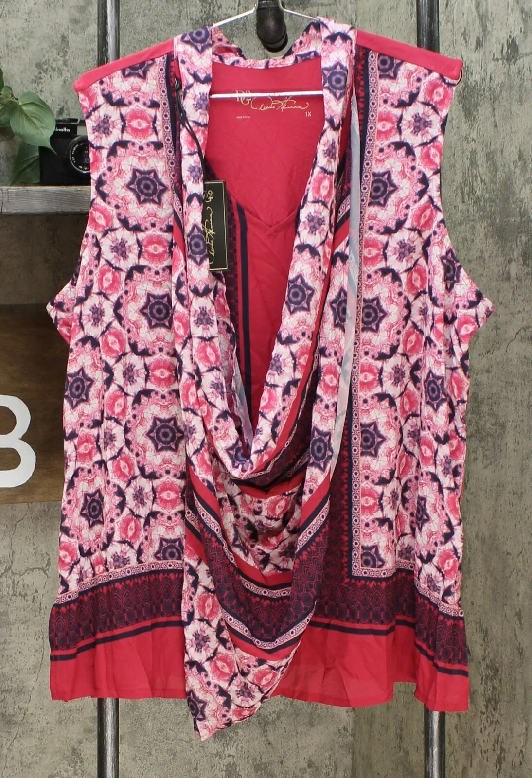 DG2 by Diane Gilman Women's Plus Size Print and Solid Tank With Attached Scarf