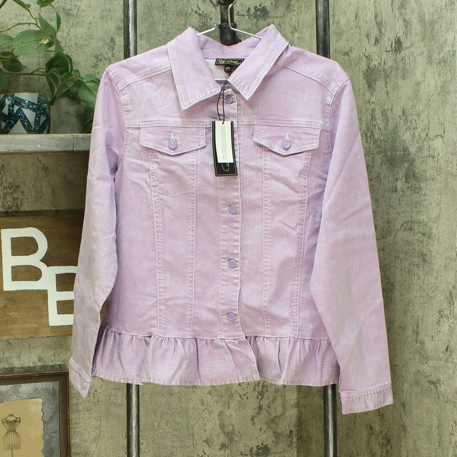 DG2 by Diane Gilman Women's Ruffled Hem Classic Stretch Denim Jacket