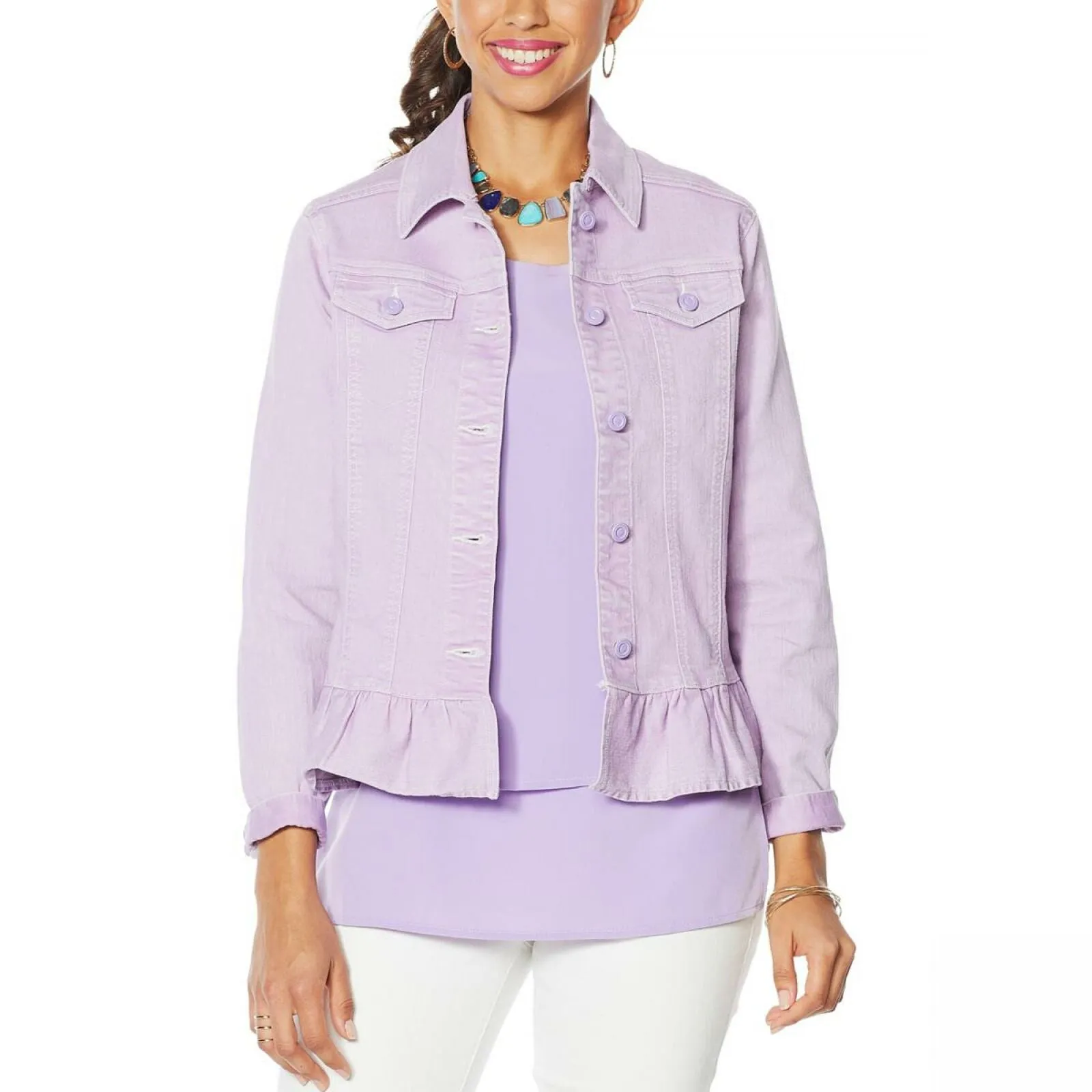 DG2 by Diane Gilman Women's Ruffled Hem Classic Stretch Denim Jacket