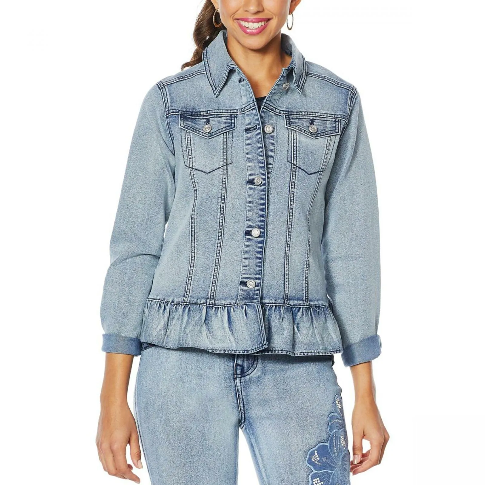DG2 by Diane Gilman Women's Ruffled Hem Classic Stretch Denim Jacket