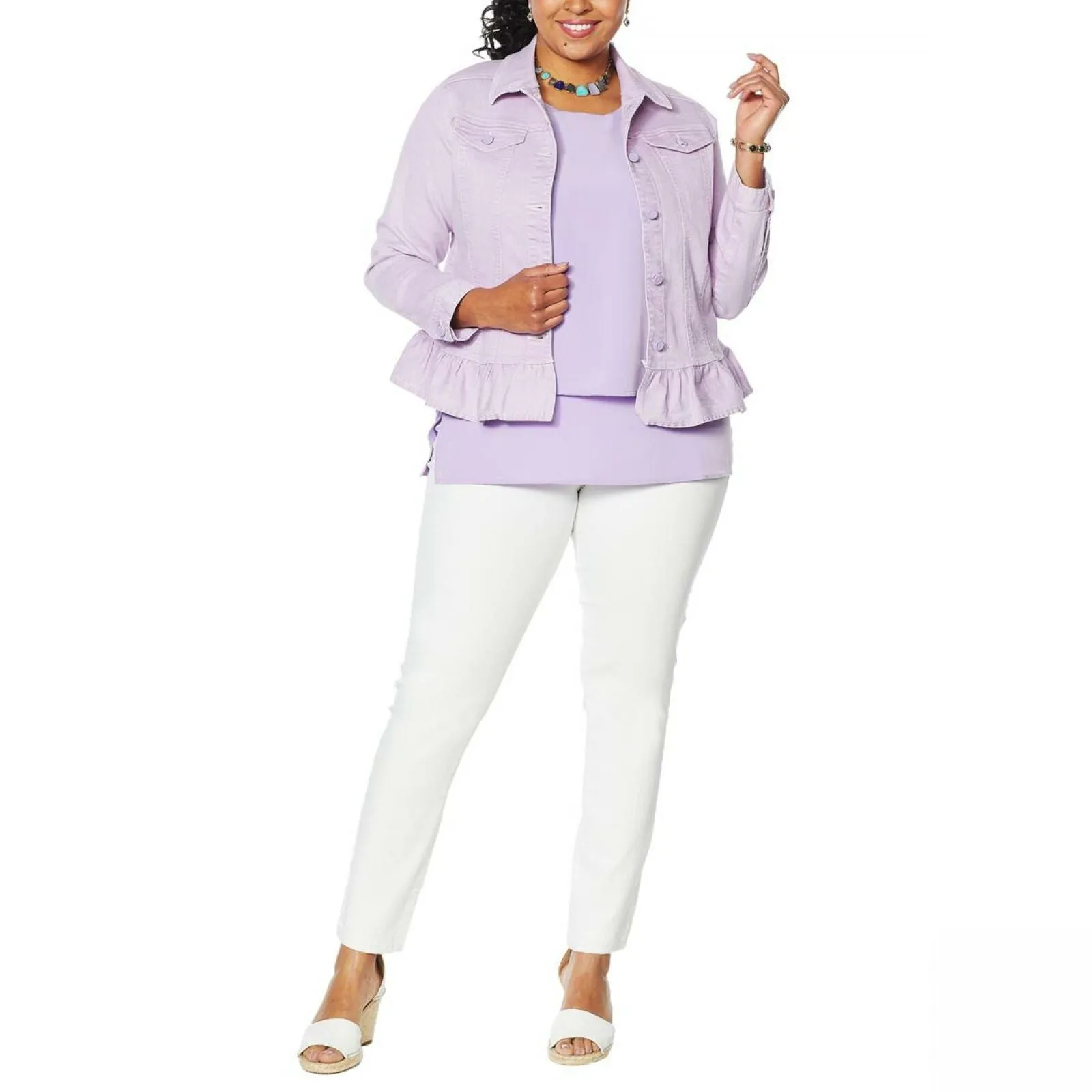 DG2 by Diane Gilman Women's Ruffled Hem Classic Stretch Denim Jacket