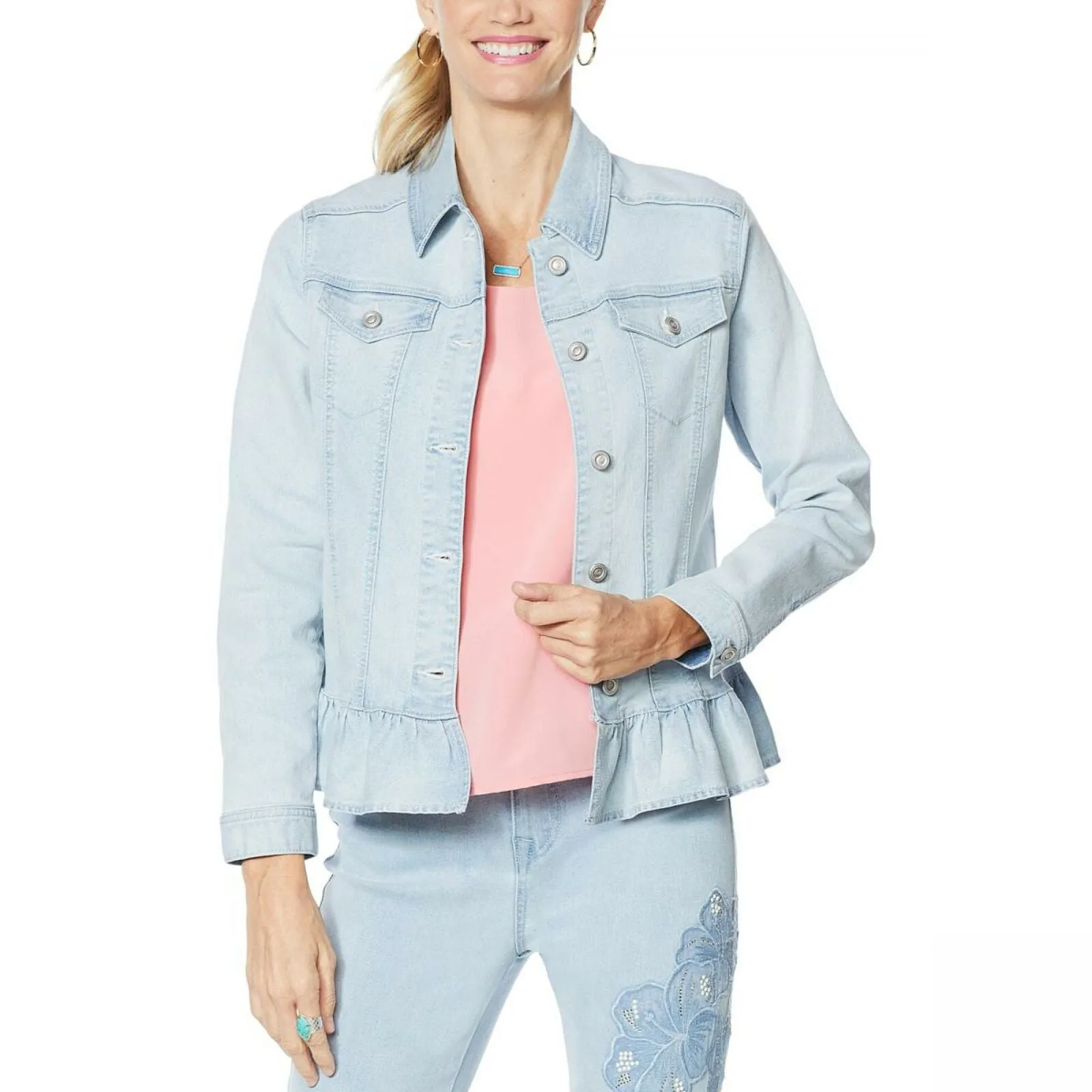 DG2 by Diane Gilman Women's Ruffled Hem Classic Stretch Denim Jacket