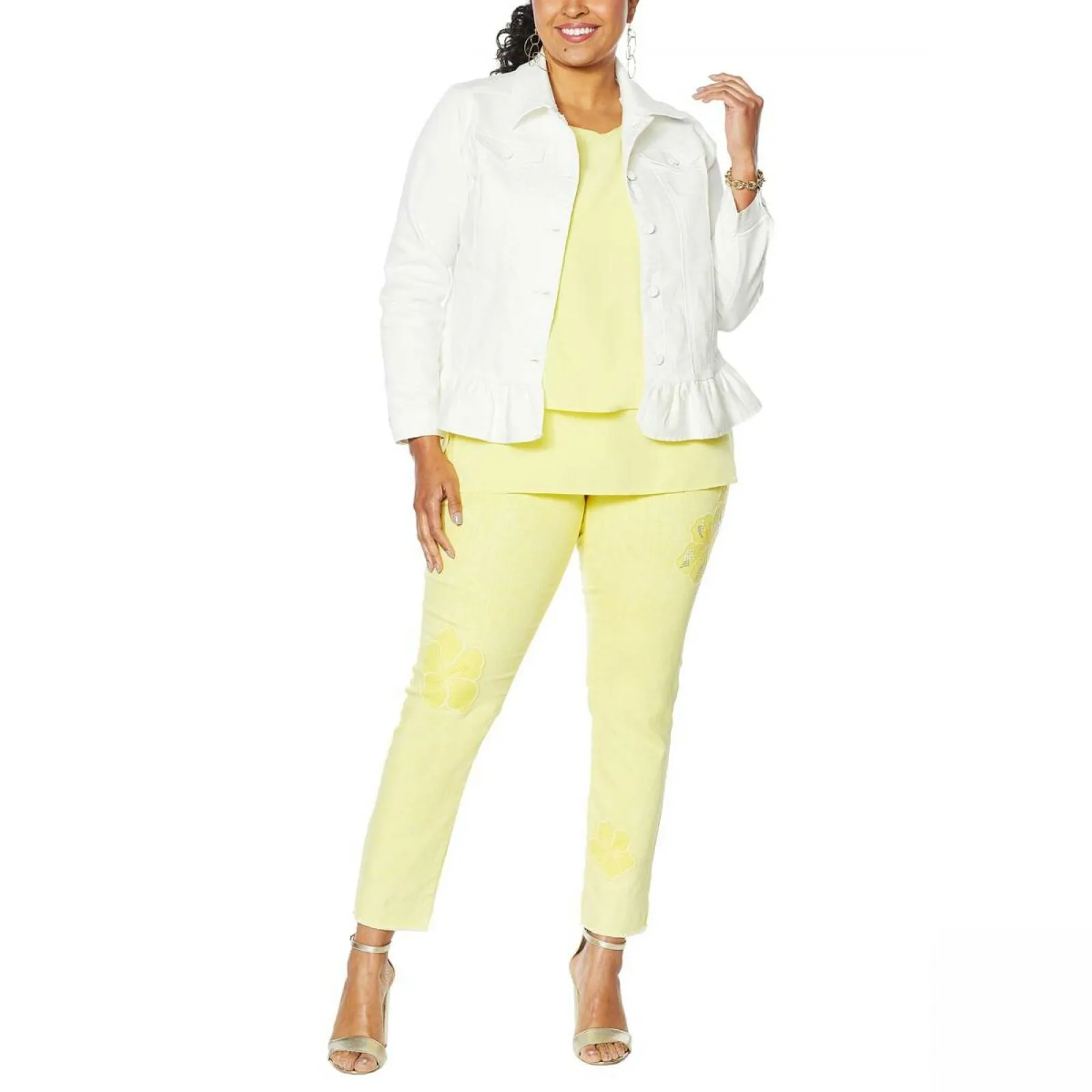 DG2 by Diane Gilman Women's Ruffled Hem Classic Stretch Denim Jacket