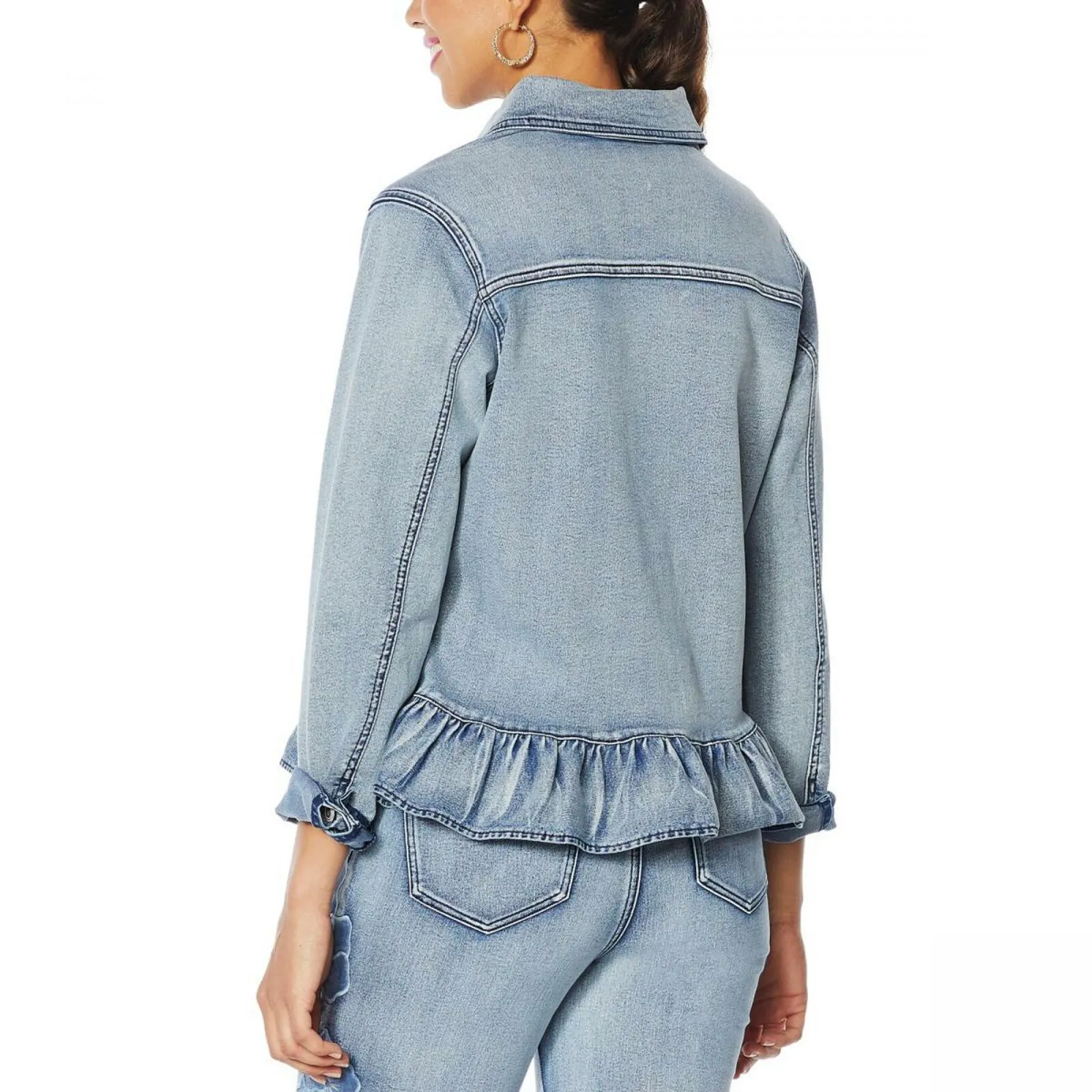 DG2 by Diane Gilman Women's Ruffled Hem Classic Stretch Denim Jacket