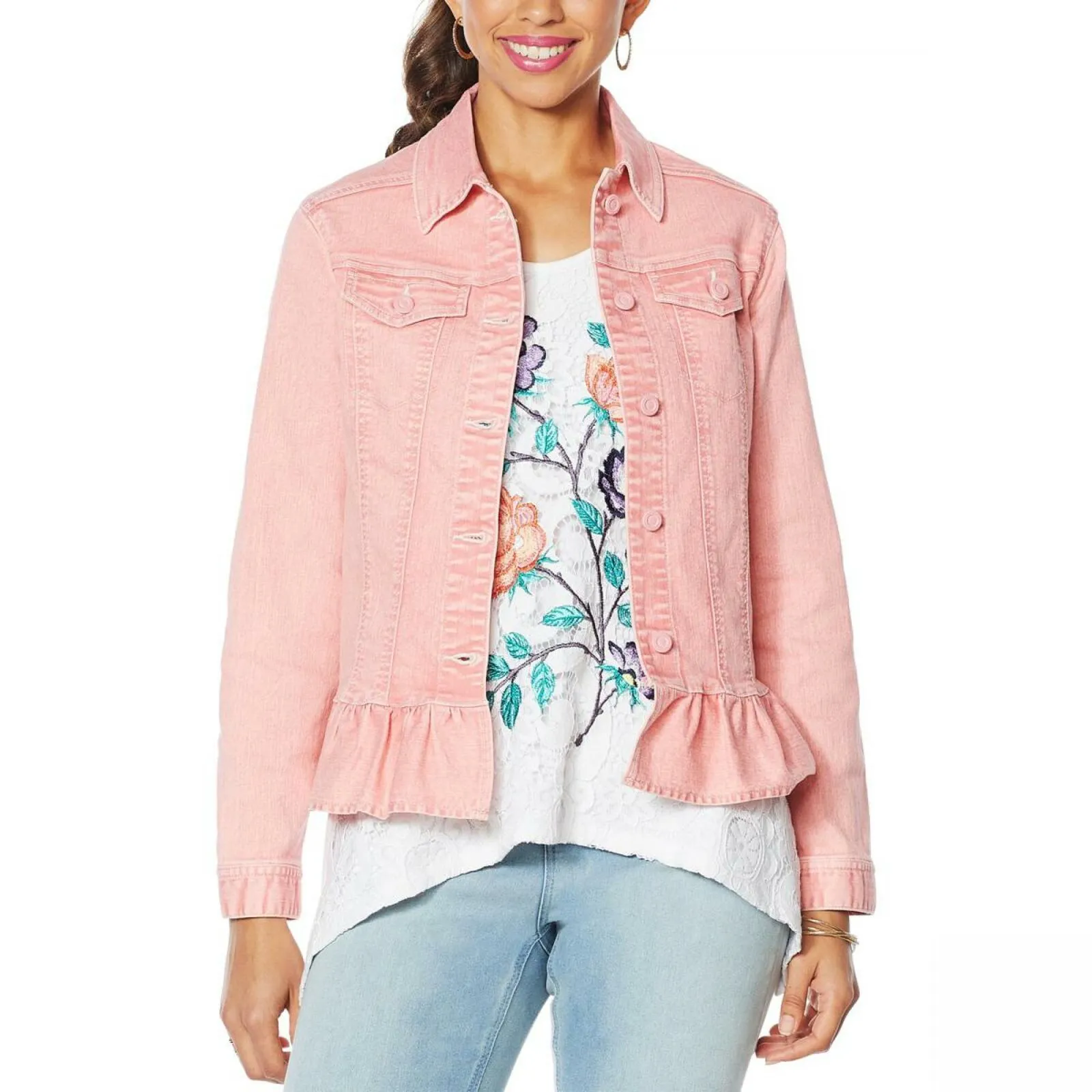 DG2 by Diane Gilman Women's Ruffled Hem Classic Stretch Denim Jacket
