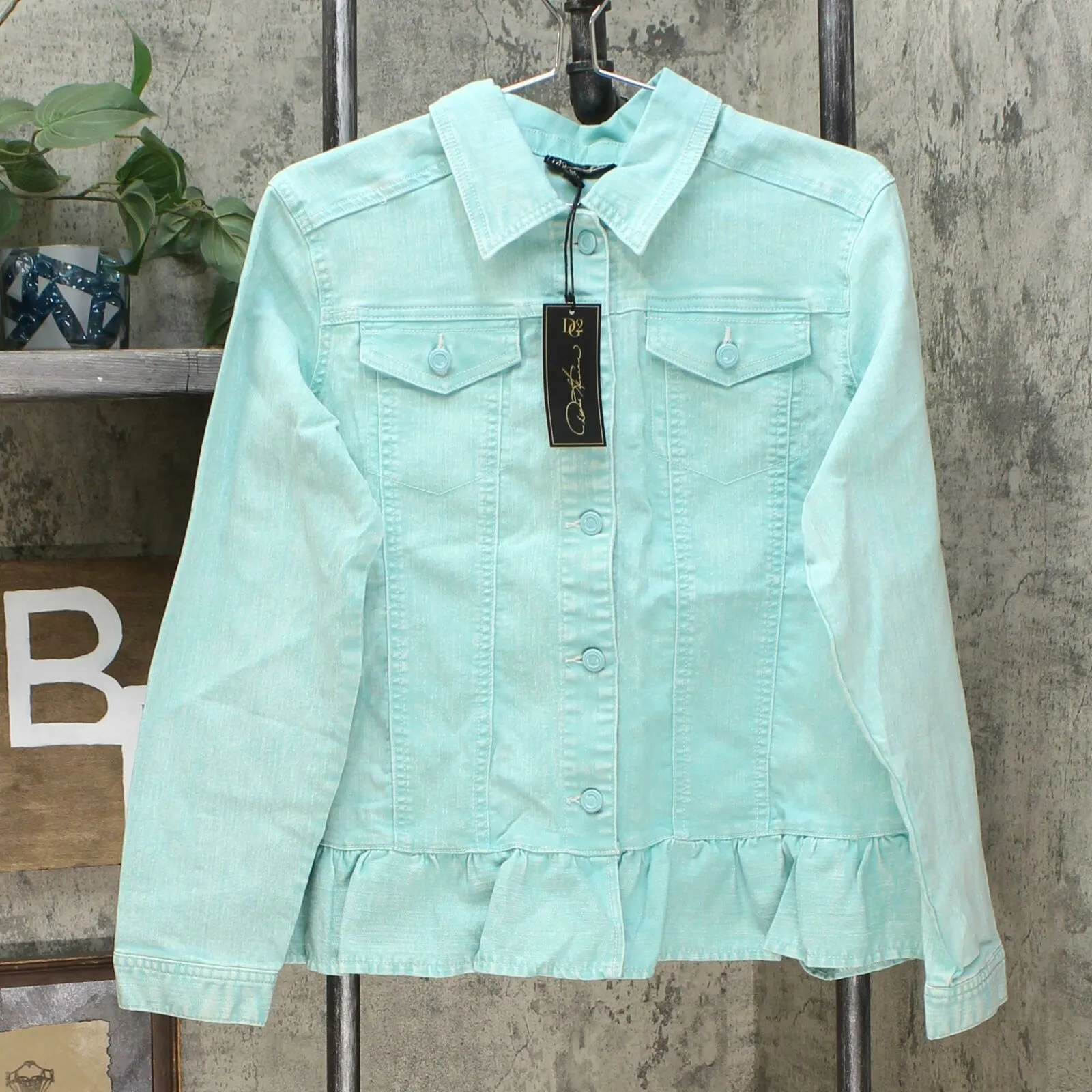 DG2 by Diane Gilman Women's Ruffled Hem Classic Stretch Denim Jacket